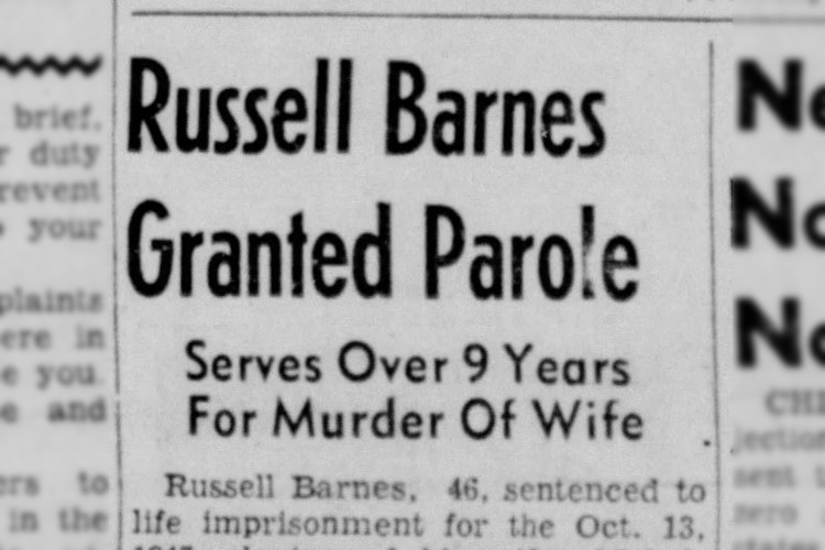 New Philadelphia, Ohio newspaper article on the pardon of Russell Barnes, January1957. (Source: newspapers.com)