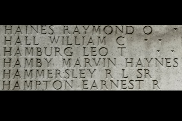 Robert L. Hammersley recorded on the Wall of the Missing at the Cambridge American Cemetery in England. (Source: findagrave.com)