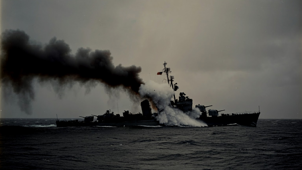 AI generated image of the USS Leary being struck by a German torpedo in the North Atlantic, 2024. (Source: Google ImageFX"