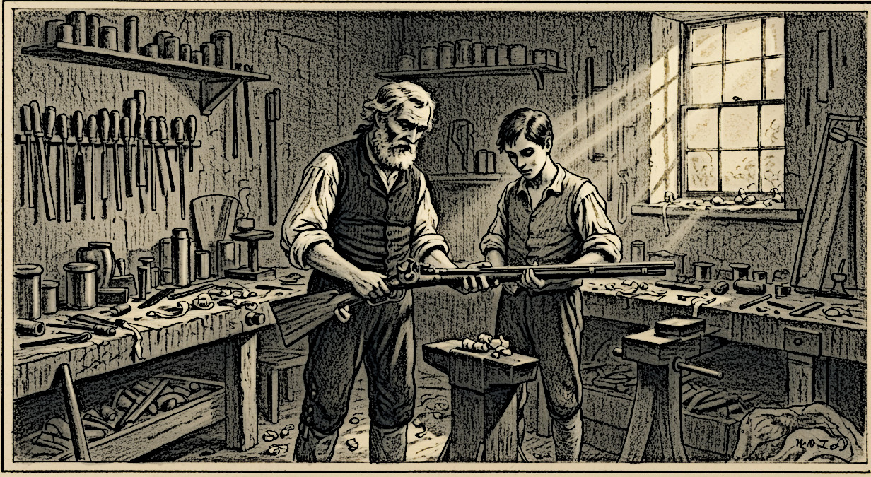 AI generated image of a gunsmith and his apprentice, c. 1850.