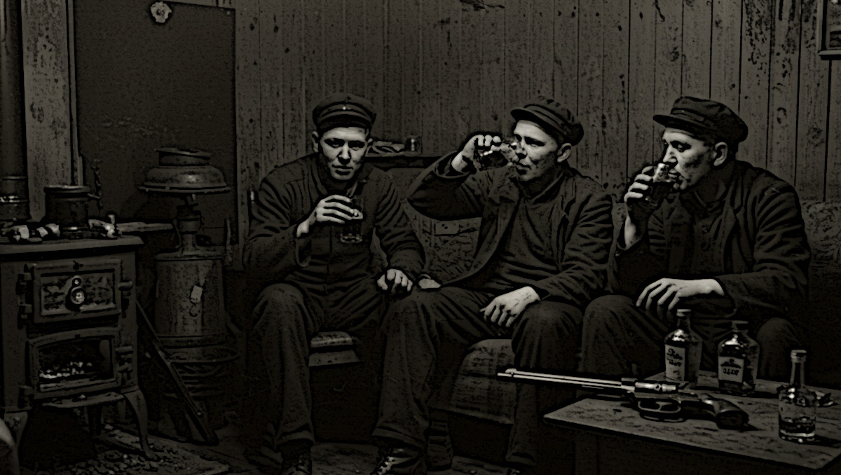 AI generated image from prompt "An image from and evening in November 1947 of three off-duty coal miners sitting in a room, drinking whiskey. There is a revolver visible on a table in the scantily furnished room. A coal fired heat stove sits along one wall. " (Source: Google ImageFX)