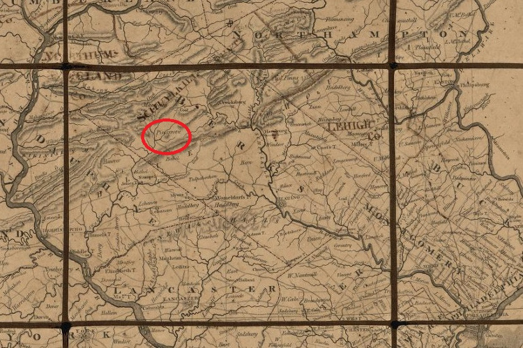 Detail from an 1810 map of Pennsylvania showing, in red, the location of Pine Grove. (Source: loc.gov)