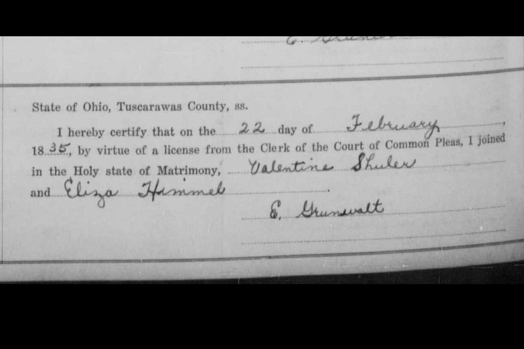 Tuscarawas County, Ohio marriage record of Valentine Shuler and Elizabeth Himmel, February 1835. (Source: familysearch.org)