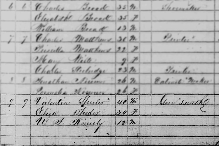 The Shuler household, including Uriah Knisely, recorded on the 1850 census for New Philadelphia, Ohio. (Source: familysearch.org)