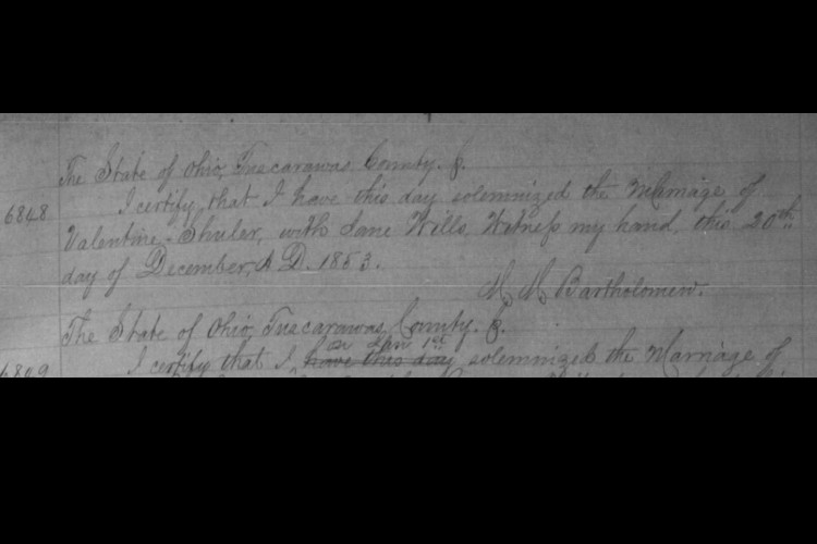Marriage of Valentine Shuler and Jane Wills recorded in the Tuscarawas County records, December 1853. (Source: familysearch.org)