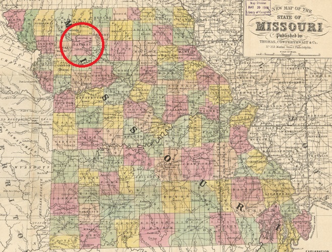 Location of Daviess County, Missouri (circled) on an 1854 map of Missouri. (Source: loc.gov)