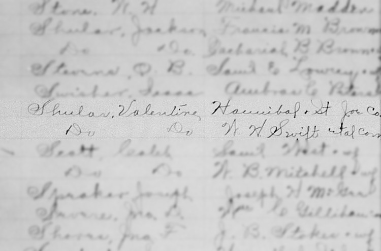 Reference to Valentine Shuler in Daviess County, Missouri deed book, December 1868. (Source: familysearch.org)