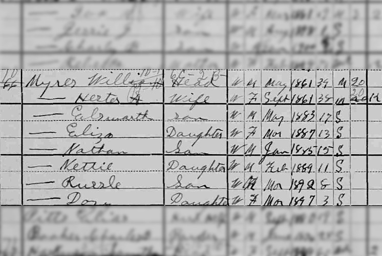 The Myers family recorded on the 1900 census for Grant Magisterial District, Doddridge County, West Virginia. (Source: familysearch.org)
