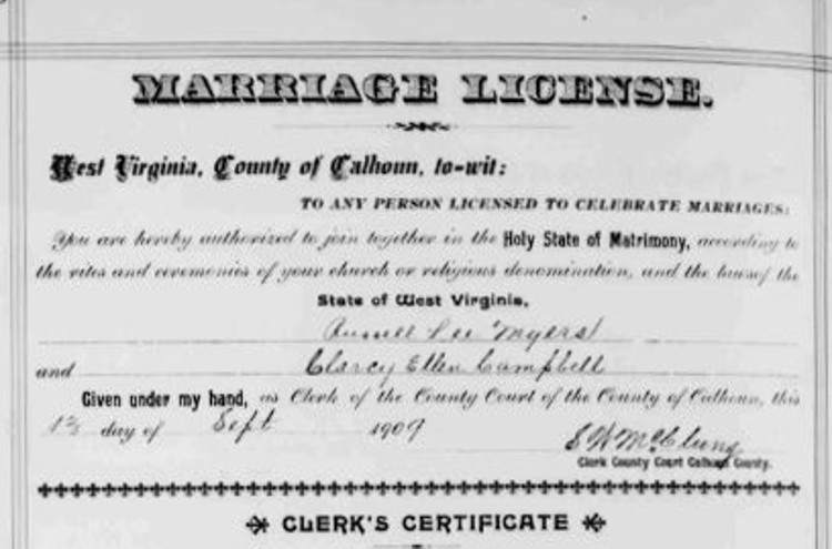 Marriage of John Lee (Russell) Myers and Clara Campbell, September 1909. (Source: wvarchives.gov)