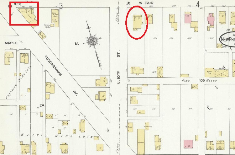 The locations of Charles and Maggie Hurst's home and grocery (in red) as seen on the 1910 Sanborn Map for New Philadelphia, Ohio. (Source: loc.gov)