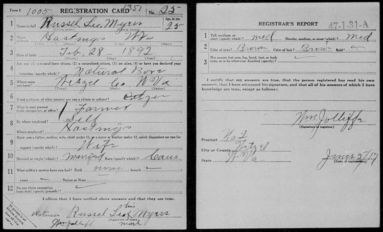 John (Russell) Lee Myers's draft registration card, June 1917. (Source: familysearch.org)