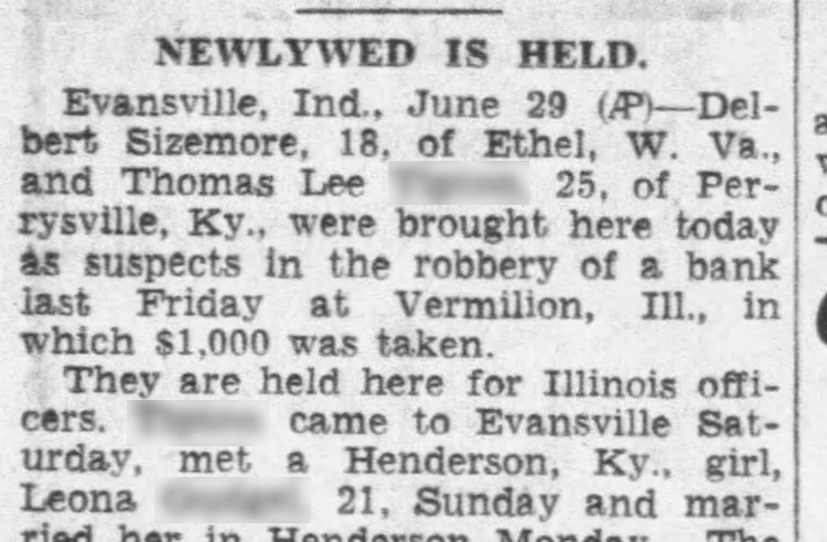 Muncie, Indiana newspaper article on Delbert Sizemore's part in a 1932 robbery, June 1932. (Source: newspapers.com)