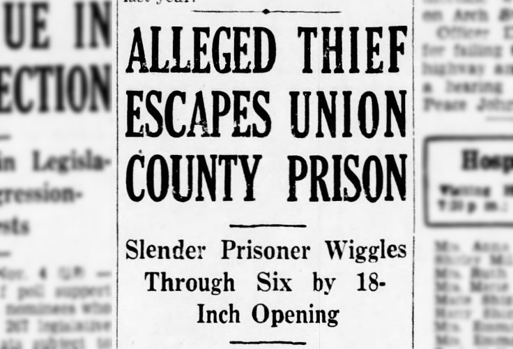 Newspaper article headline about one of Delbert Sizemore's escapes from prison, November 1940. (Source: newspapers.com)