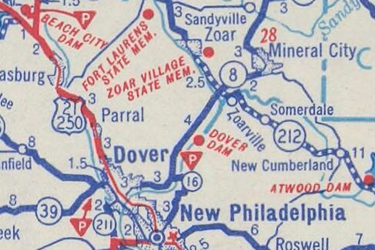 Road map showing the main routes between Zoar and Dover, Ohio, 1940. (Source: wikimedia.com)