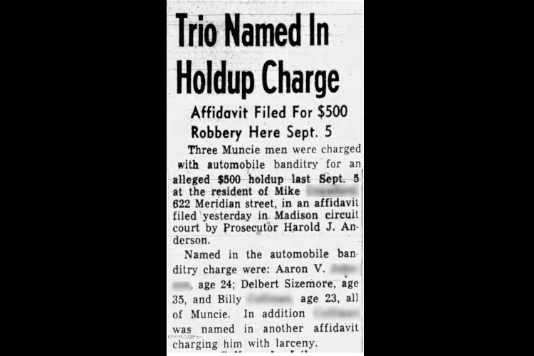 Anderson, Indiana newspaper report on Delbert Sizemore's role in an armed robbery, November 1947. (Source: newspapers.com)