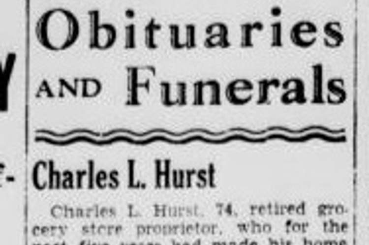 New Philadelphia, Ohio newspaper obituary for Charles L. Hurst, March 1945. (Source: newspaperarchive.com)