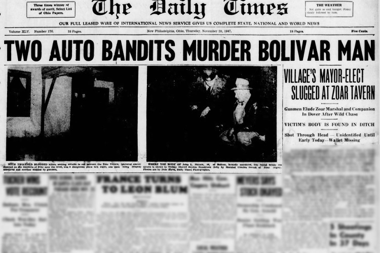 Headline reporting the murder of John Myers, November 1947. (Source: newspapers.com)