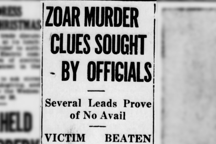 New Philadelphia, Ohio newspaper headline on the investigation into the murder of John Myers, November 1947. (Source: newspapers.com)