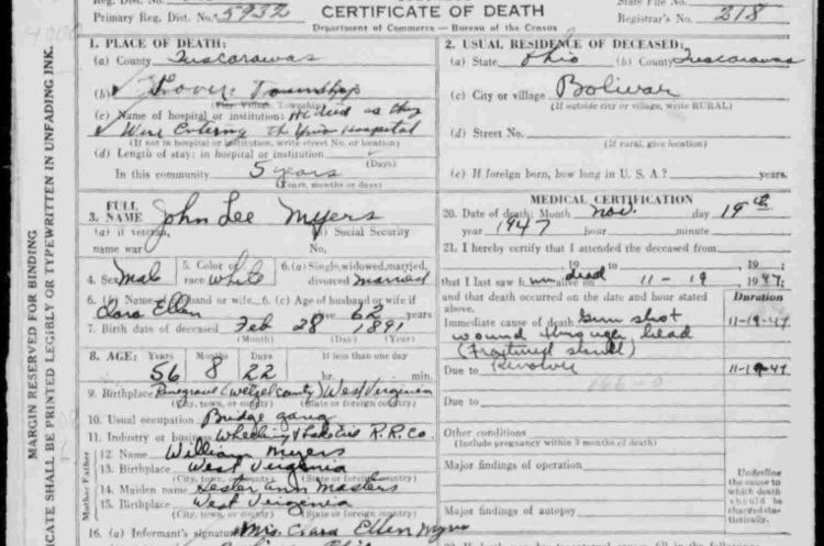 John Myers's death certificate, November 1947. (Source: findagrave,com)