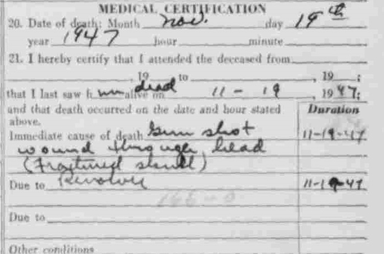 Detail from John Myers's death certificate, November 1947. (Source: familysearch.org)