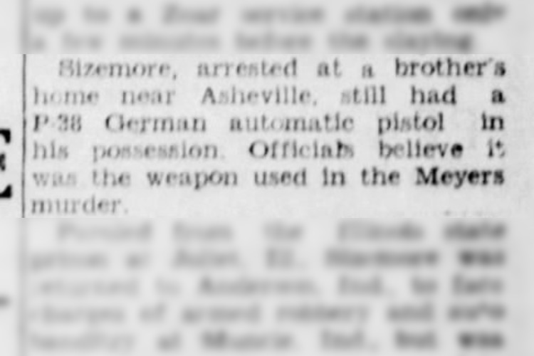 Report in the New Philadelphia, Ohio newspaper to Sizemore's arrest with a .38 caliber pistol in his possession, December 1947. (Source: newspapers.com)