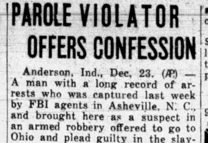 Indiana newspaper article that reported on Sizemore's offer to plead in the murder of John Myers, December 1947. (Source: newspapers.com)