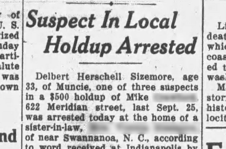 Report in the Anderson, Indiana newspaper on the arrest of Delbert Sizemore in North Carolina, December 1947. (Source: newspapers.com)