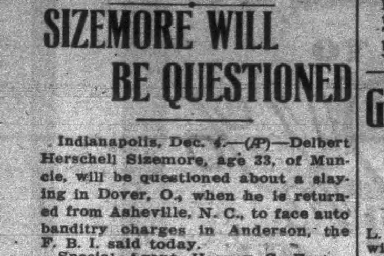Anderson, Indiana newspaper report that Delbert Sizemore was questioned regarding the murder of John Myers, December 1947. (Source: newspapers.com)