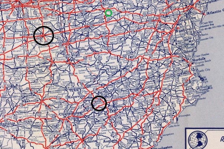 1947 road map showing the location routes from Indiana to Asheville, North Carolina (black circles) and the location of Tuscarawas County, Ohio (green circle). (Source: archive.org)