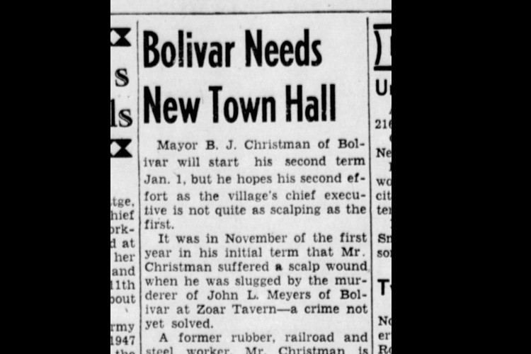New Philadelphia, Ohio newspaper article on Bolivar Town Hall that mentions the Myers murder, December 1949. (Source: newspapers.com)