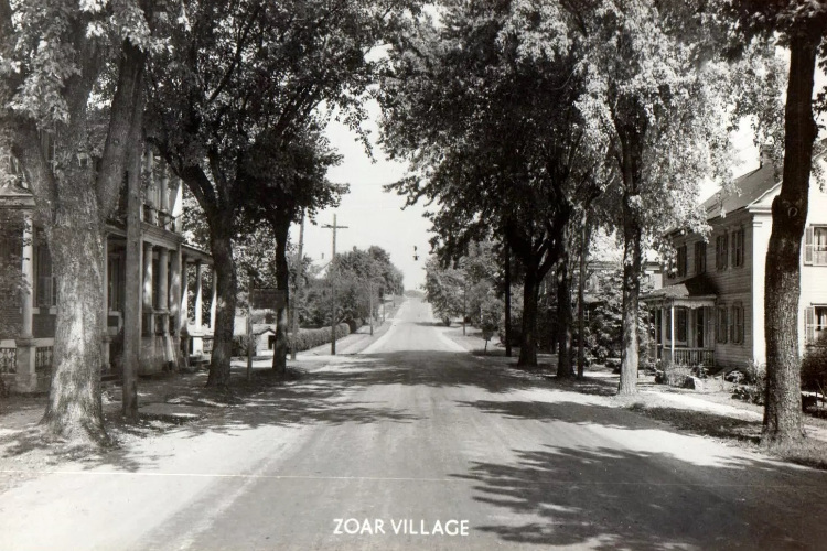 Postcard image of Main Street in Zoar, c. 1950. (Source: ebay.com)