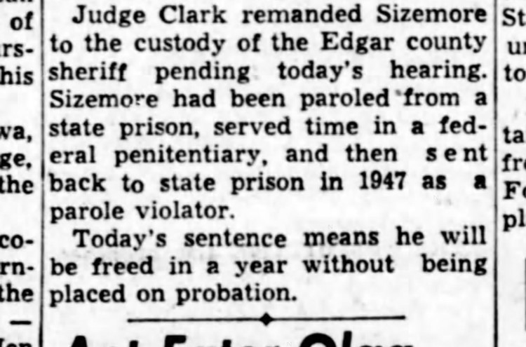 Illinois newspaper article report on Delbert Sizemore's scheduled release from prison, July 1951. (Source: newspapers.com)