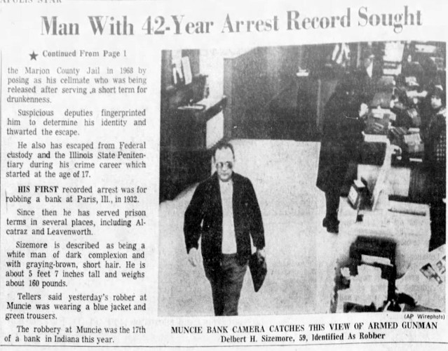 Muncie, Indiana newspaper article about Delbert Sizemore's last robbery, May 1974. (Source: newspapers.com)