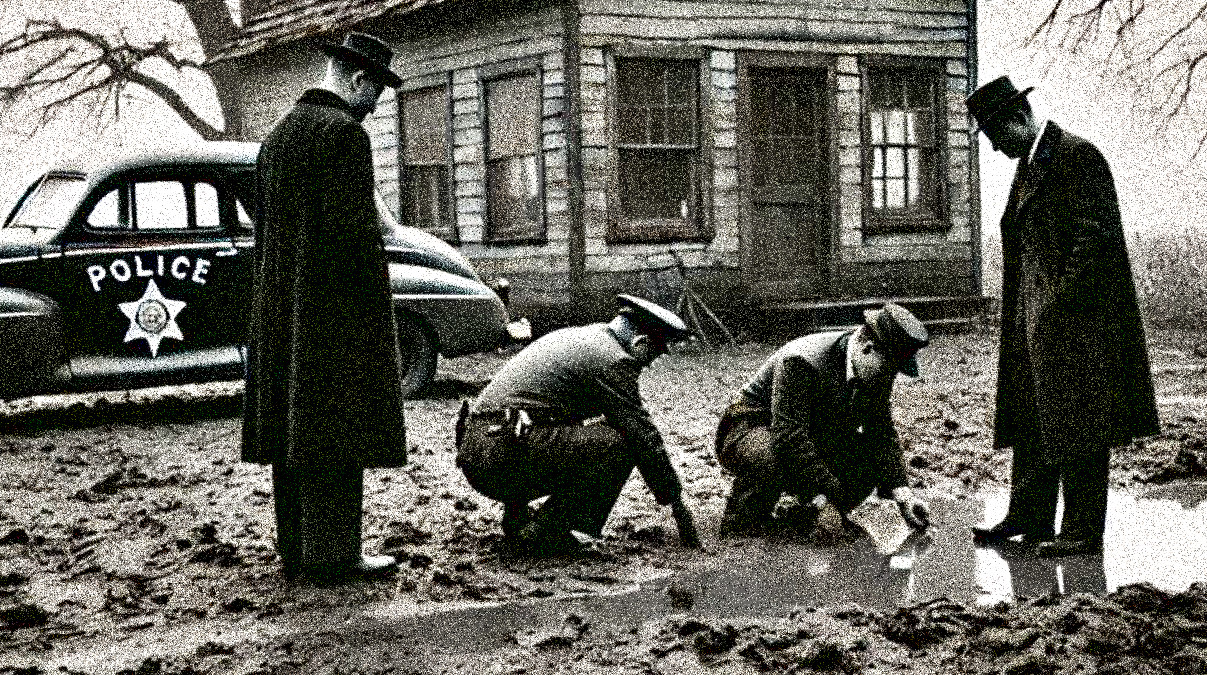 AI generated image depicting police and detectives examining the ditch where John Myers's body was discovered, 2025. (Source: Microsoft Designer)