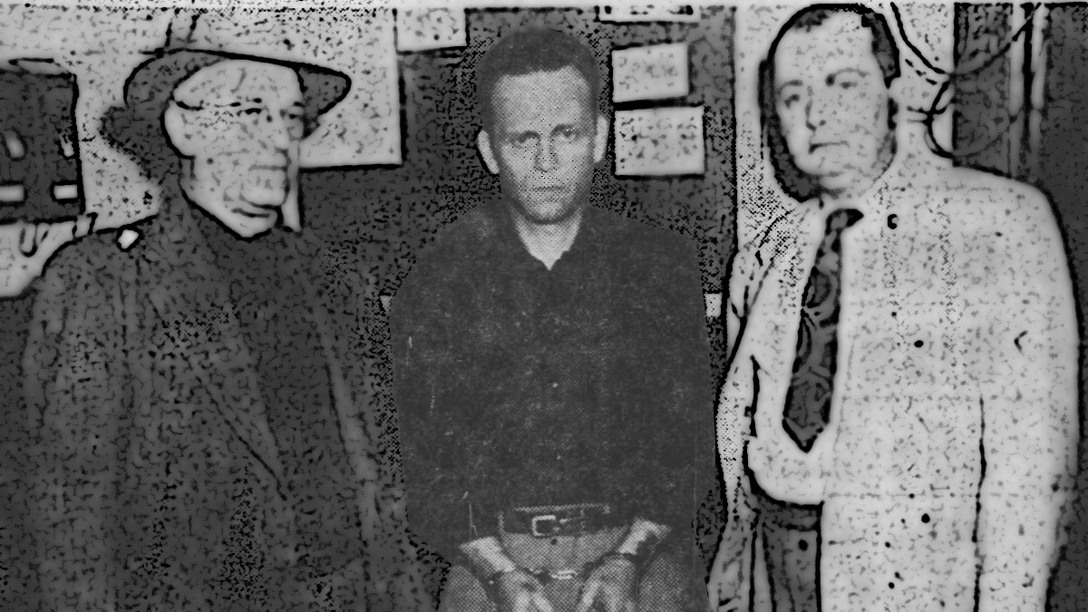 Newspaper photo of Delbert Hershel Sizemore in police custody in 1952. (Source: newspapers.com)