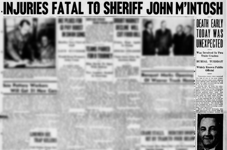 New Philadelphia, Ohio newspaper reporting on the death of Sheriff John McIntosh, February 1948. (Source: newspapers.com)