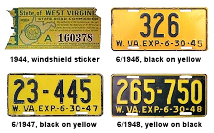Sampling of 1940s West Virginia license plates, 1944-1948. (Source: worldlicenseplates.com)