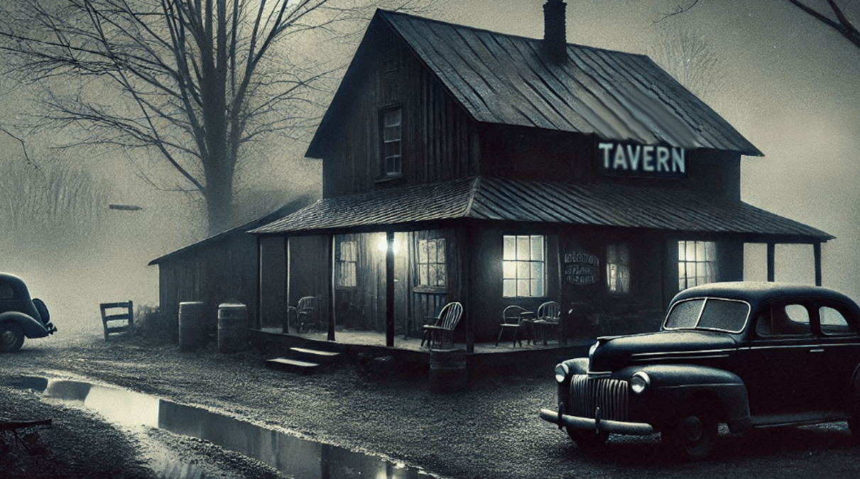 AI generated image meant to depict the tavern in Zoar where John Myers was murdered in 1947, 2025. (Source: Microsoft Designer)