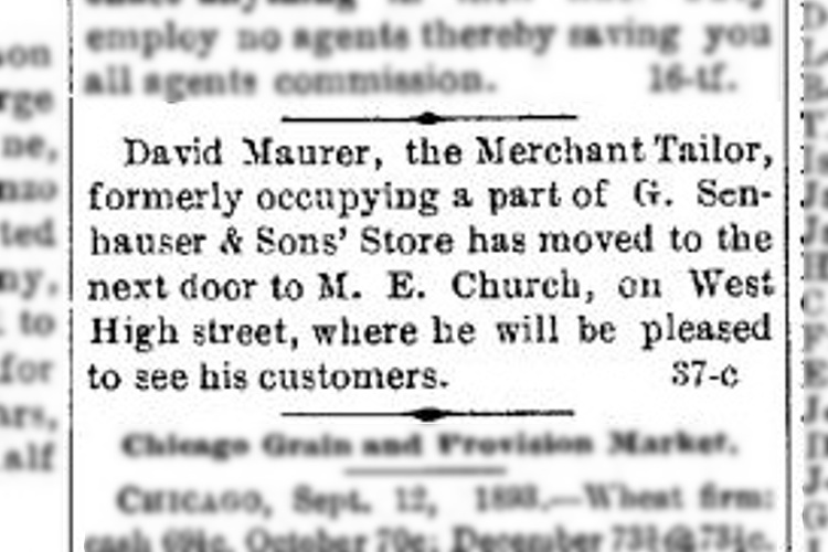 New Philadelphia, Ohio newspaper advertisement for David Maurer's tailor shop on West High Street, September 1893. (Source: newspaperarchive.com)
