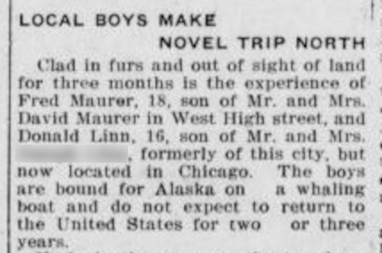 New Philadelphia, Ohio newspaper article about Fred Maurer and Donald Linn's plan to serve on a whaling vessel, August 1911. (Source: newspaperarchive.com)