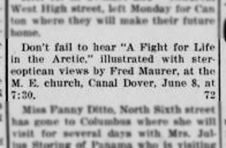 New Philadelphia, Ohio newspaper announcement of one of Fred Maurer's lectures, June 1915. (Source: newspaperarchive.com)
