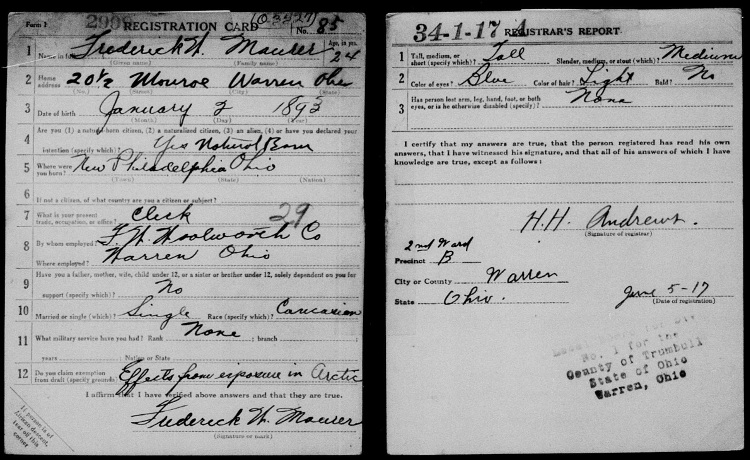 Fred Maurer's World War One draft registration card, June 1917. (Source: familysearch.org)