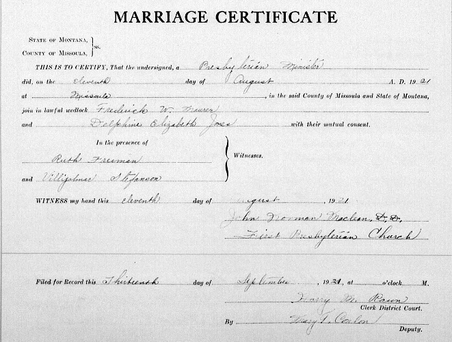 Marriage certificate of Fred Maurer and Delphine Jones, August 1921. (Source: familysearch.org)