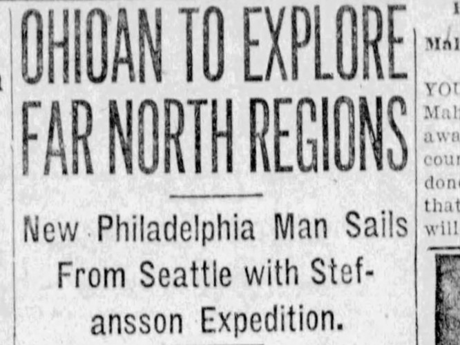 Cleveland, Ohio newspaper headline for a story on Fred Maurer's final Arctic expedition to Wrangel Island, August 1921. (Source: newspapers.com)