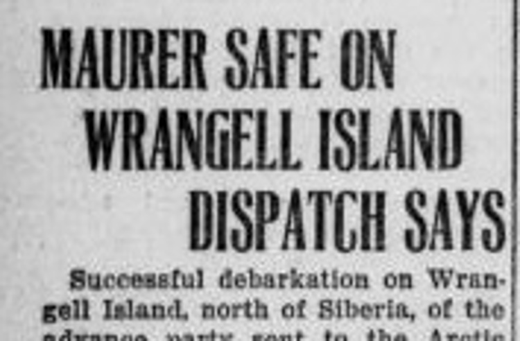 New Philadelphia, Ohio newspaper headline reporting Fred Maurer's successful arrival on Wrangel Island, September 1921. (Source: newspaperarchive.com)