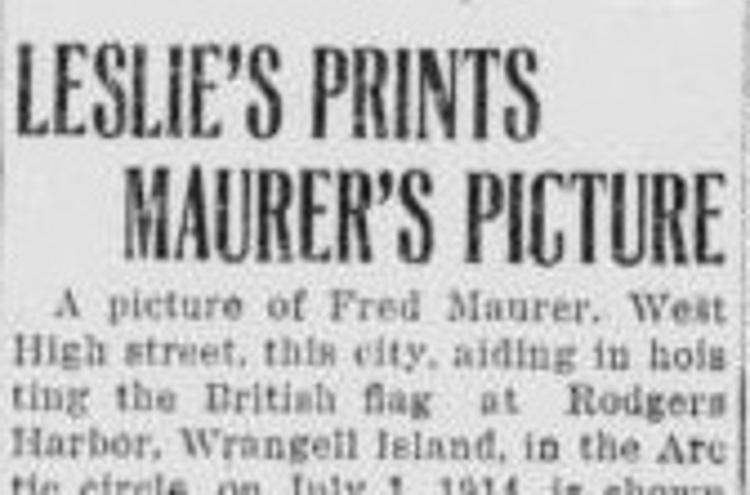 New Philadelphia, Ohio newspaper article about a local photography shop's sale of prints of Fred Maurer on Wrangel Island, April 1922. (Source: newspaperarchive.com)