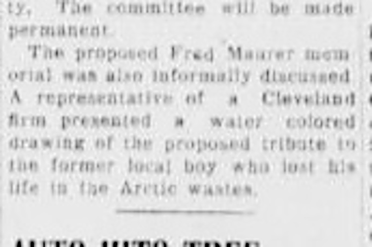 Detail from New Philadelphia, Ohio newspaper article that discussed the Fred Maurer memorial, May 1926. (Source: newspaperarchive.com)