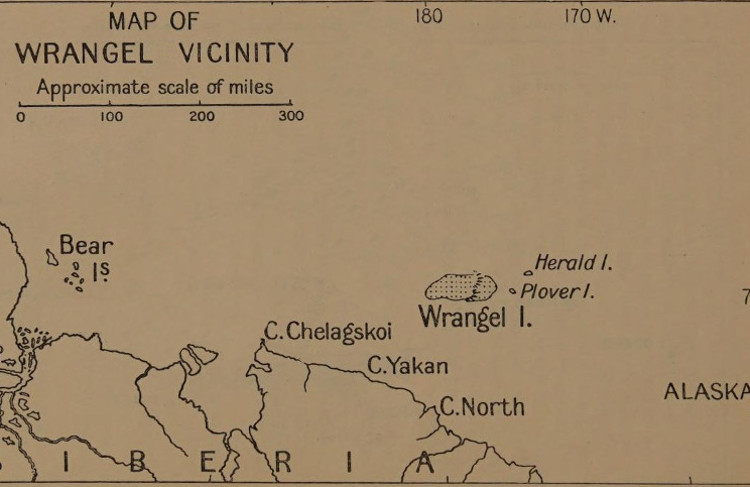 Map showing the location of Wrangel Island off the northern coast of Siberia, 1926. (Source: "The Adventure of Wrangel Island" by Vilhjalmur Stefansson via archive.org)