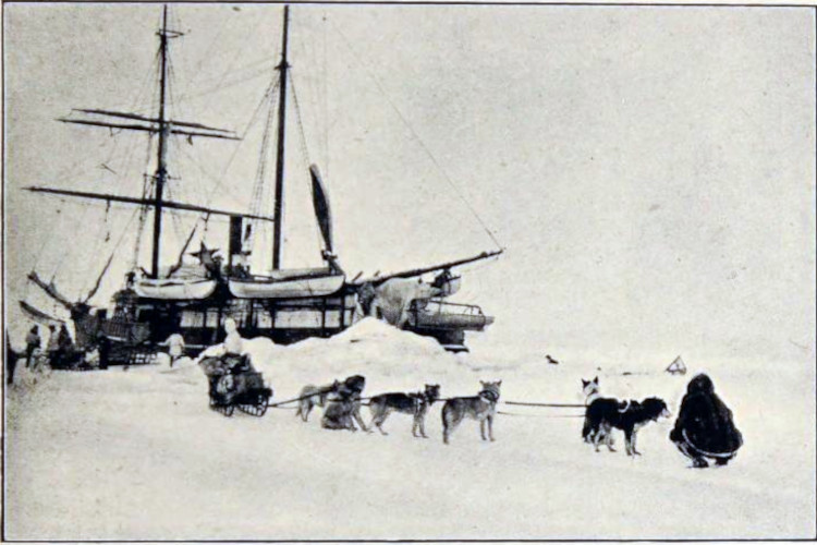 Expedition members surrounding the Karluk as it is stuck in an Arctic ice flow, 1913. (Source: "The Adventure of Wrangel Island" by Vilhjalmur Stefansson via archive.org)