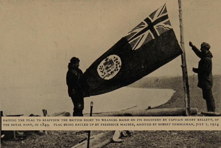 Image taken in 1922 of Fred Maurer assisting in raising a British flag on Wrangel Island. This image was sold in a photo shop in New Philadelphia. (Source: "The Adventure of Wrangel Island" by Vilhjalmur Stefansson via archive.org)